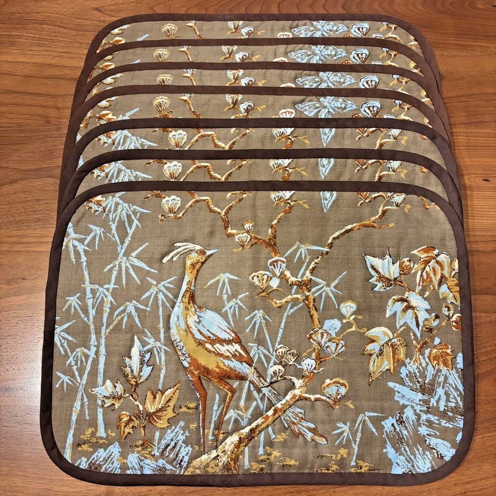 Vintage 70s Quilted Placemats Set of 7 Peacock Brown Asian Chinoiserie Fabric